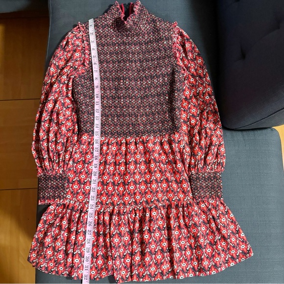 Alice + Olivia Elvira Tiered Long Sleeve Smocked Mini Dress in Red/Black Size 4 - Picture 14 of 16